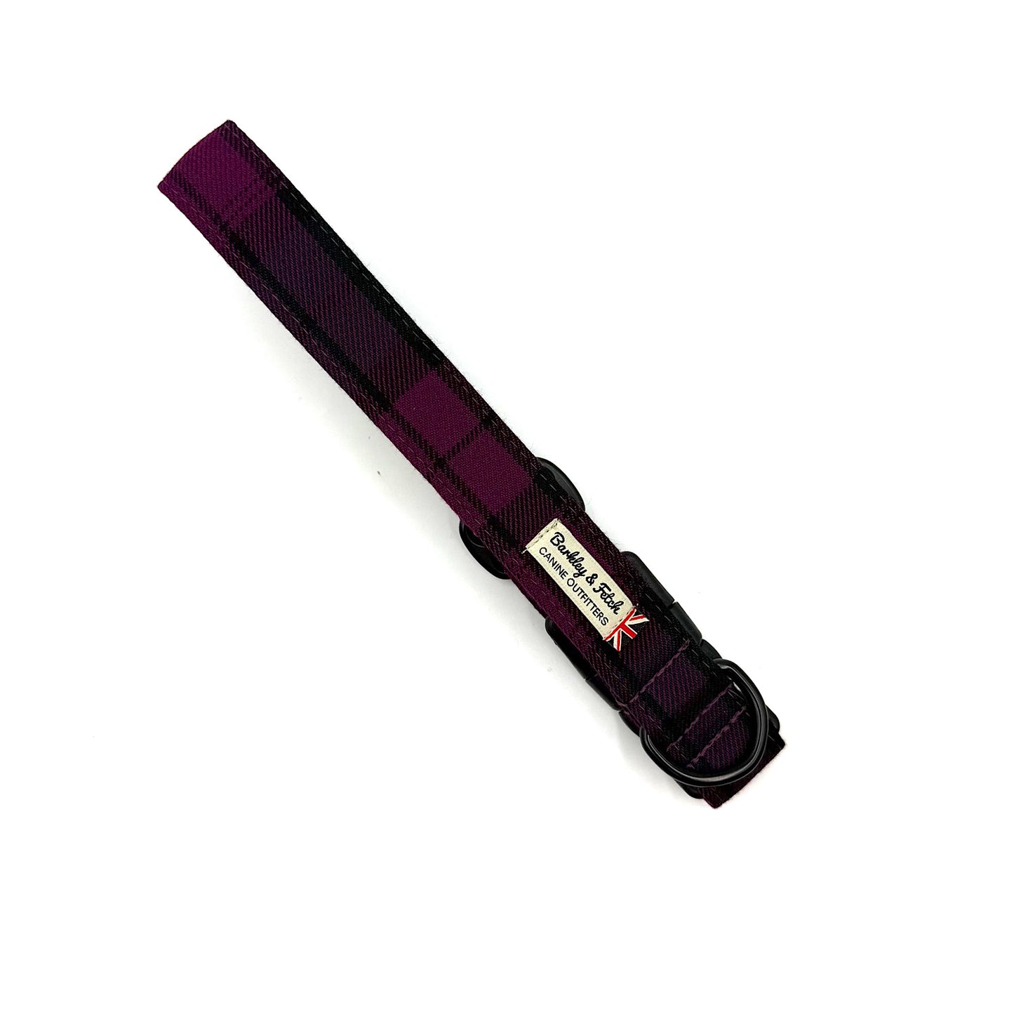 maroon check dog collar with a brand label on a white background handmade by barkley and fetch uk