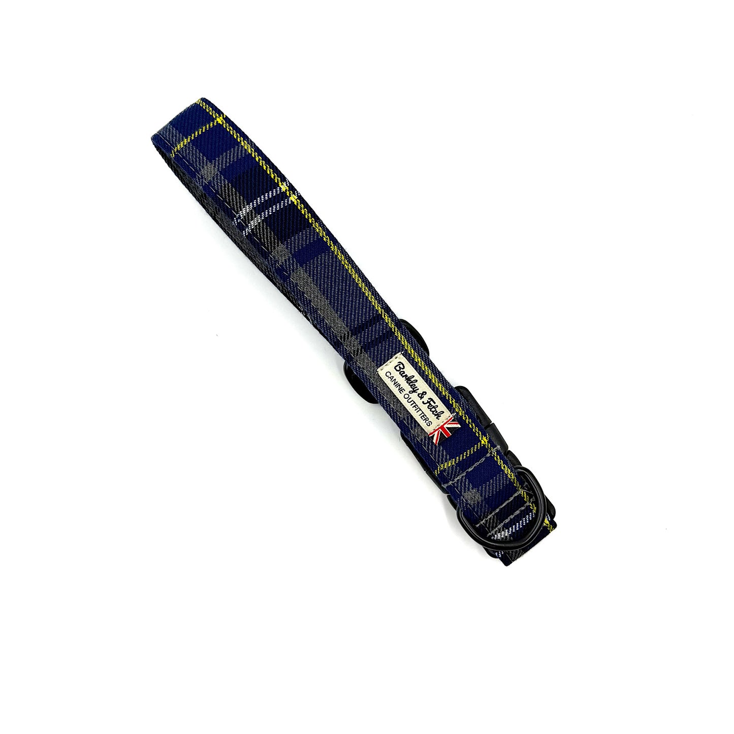 Plaid dog collar with a visible brand label on a white background