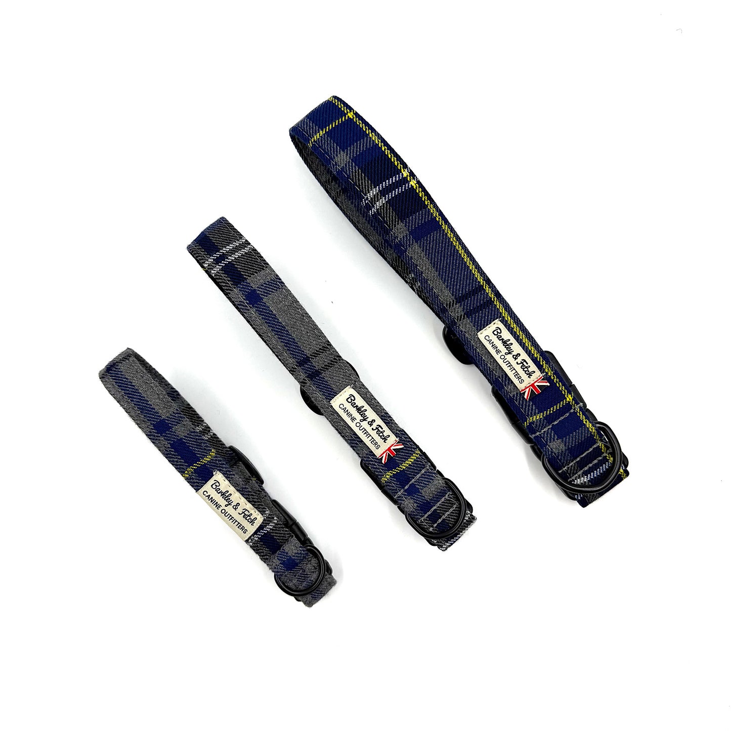 Three blue plaid dog collars with visible brand labels on a white background