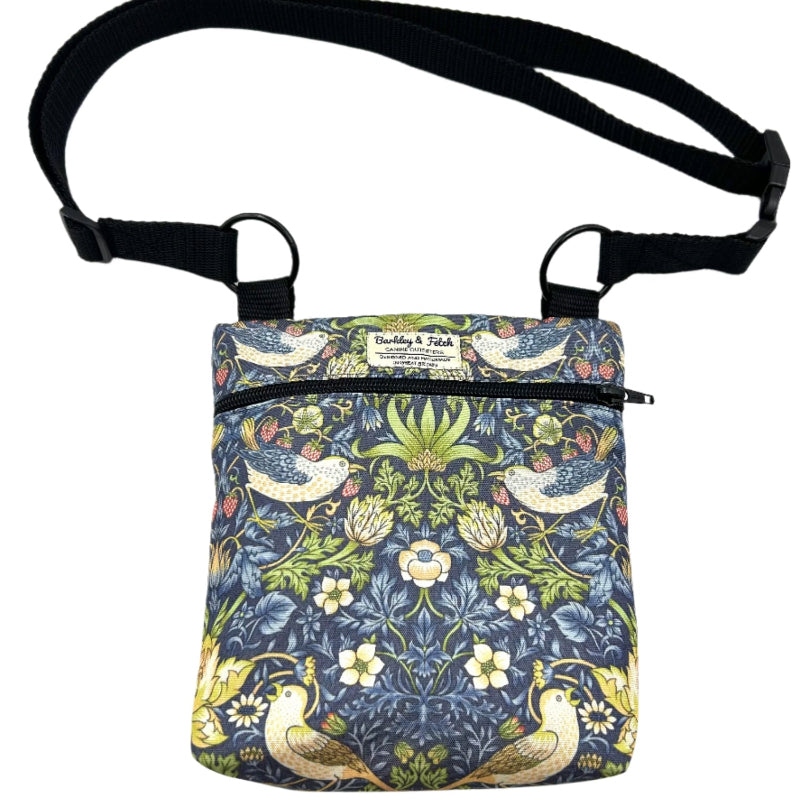 Floral and bird patterned bag with a strap on a white background handmade by barkley and fetch uk