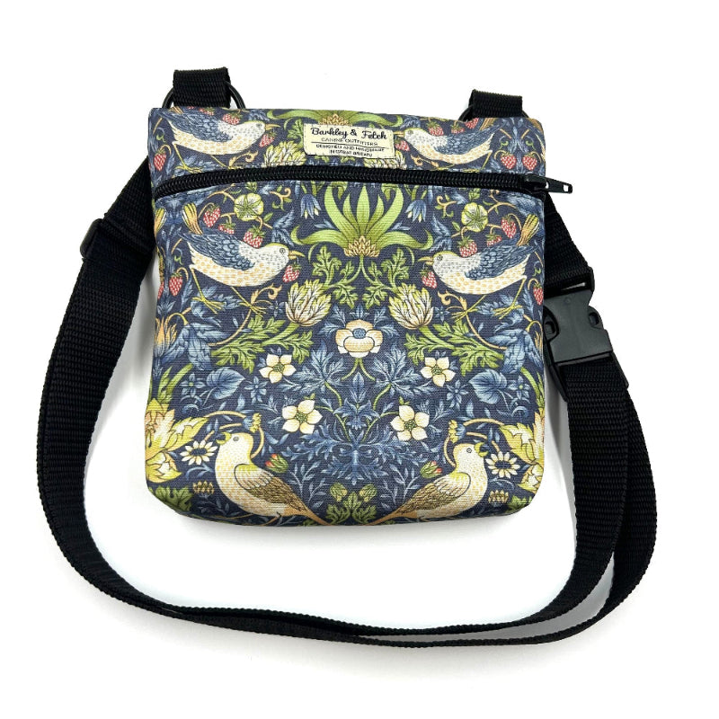 Floral and bird patterned bag with a black strap on a white background handmade by barkley and fetch uk