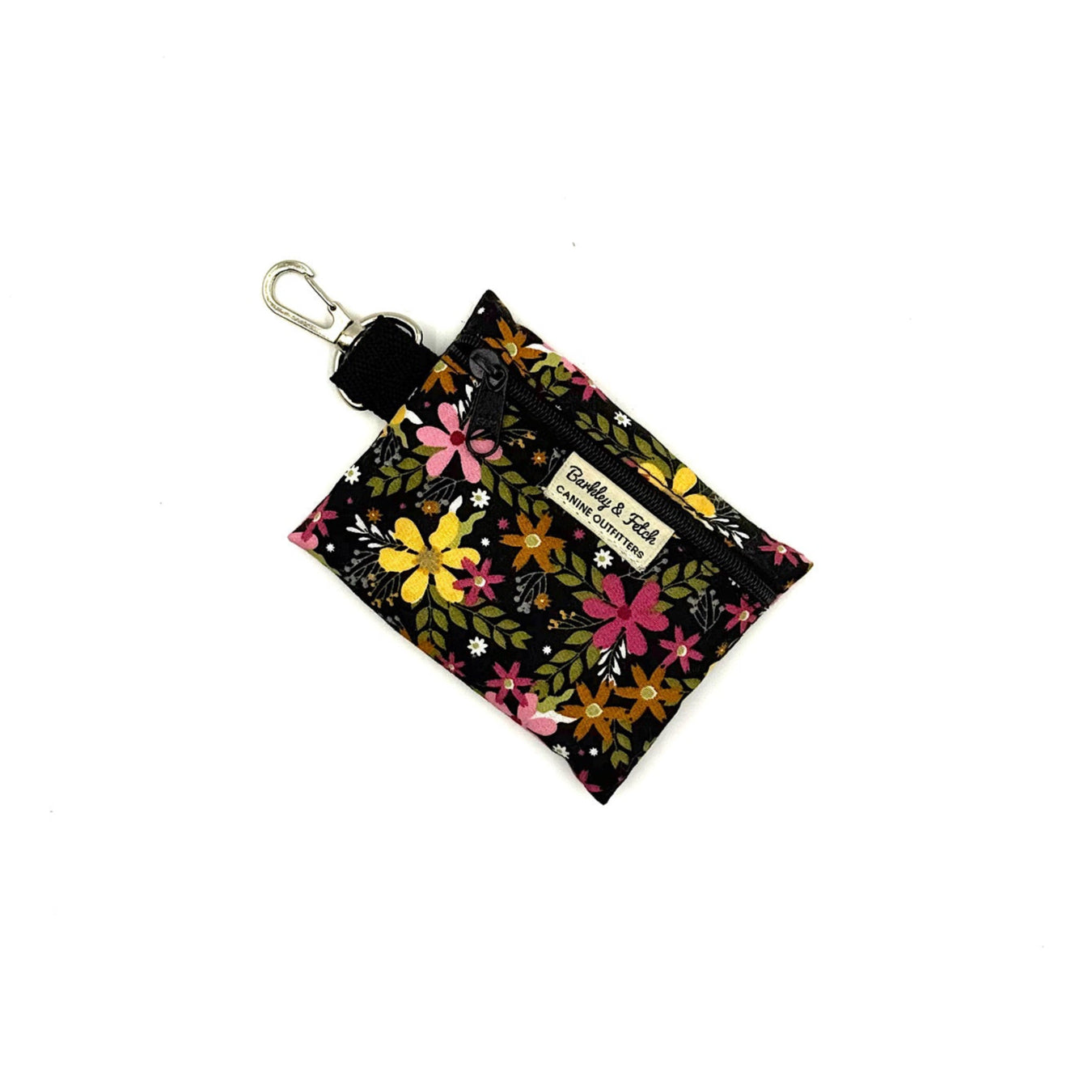 Floral patterned pouch with a keychain on a white background