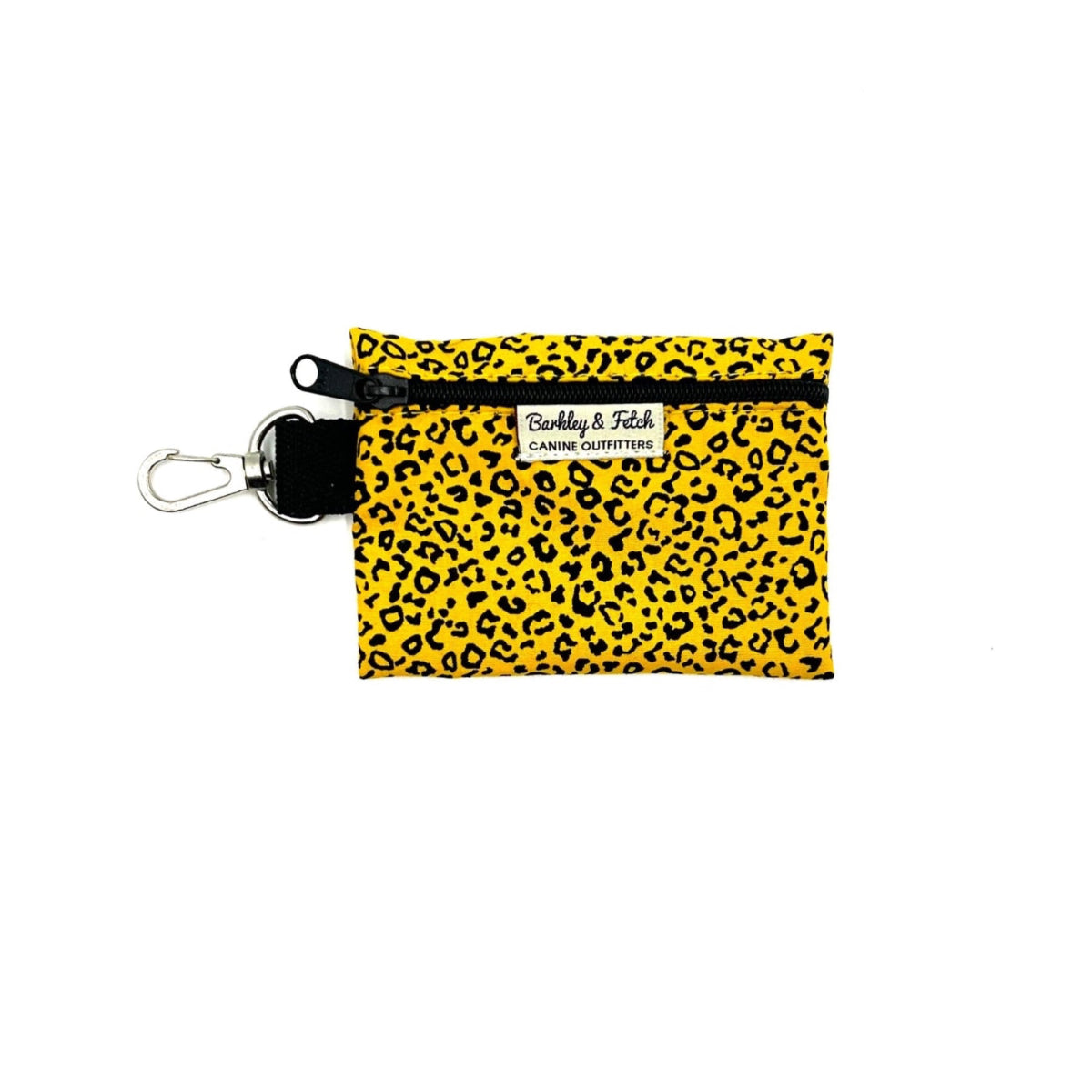 Yellow pouch with black leopard print pattern and keychain on a white background