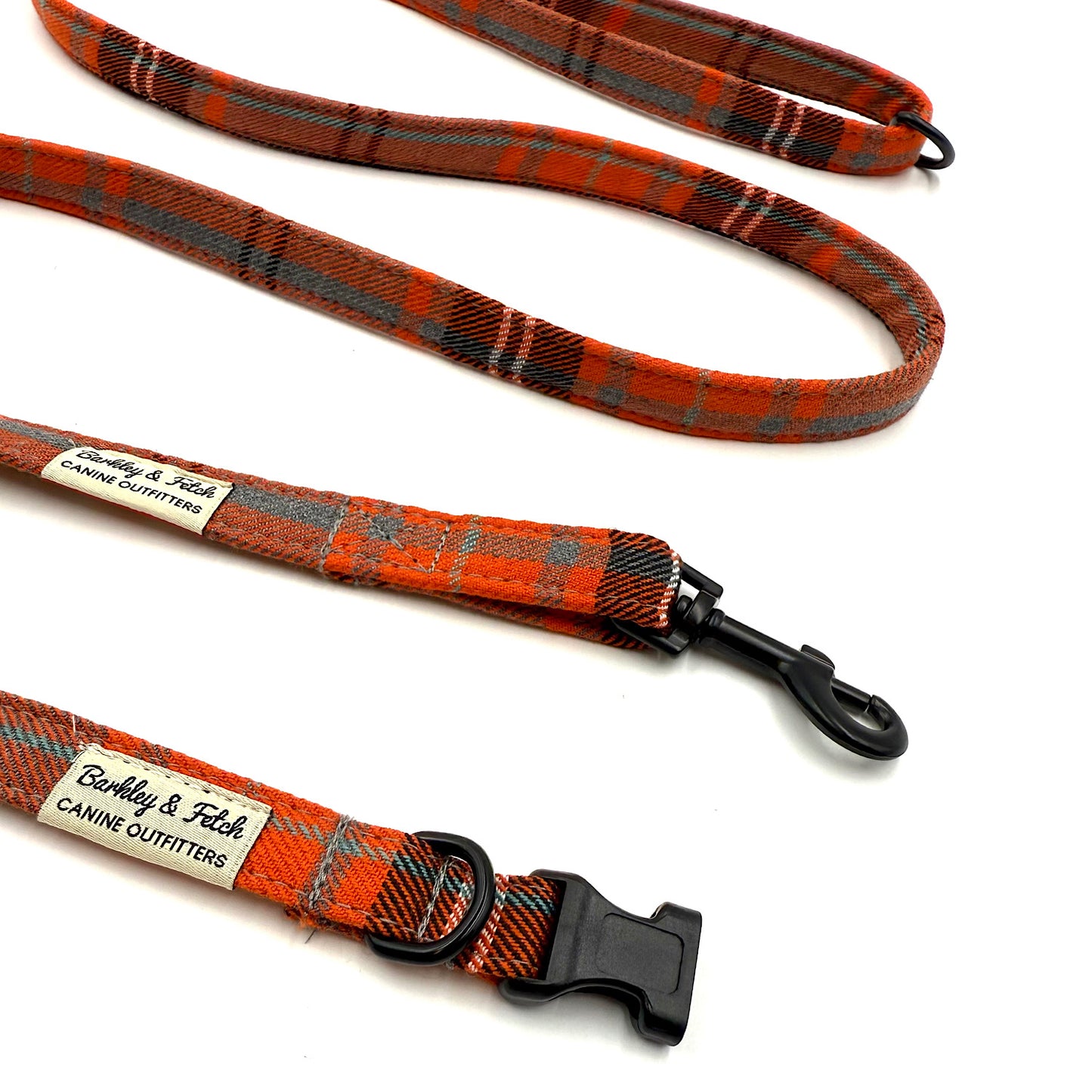 Plaid dog leash with black clip on a white background