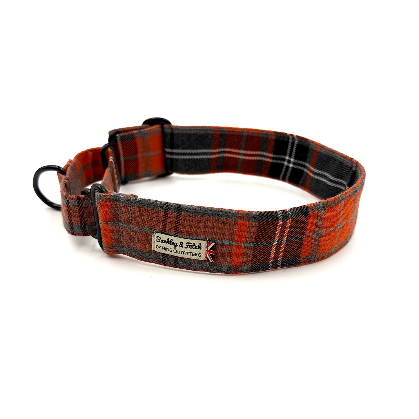Plaid dog collar with a visible brand label on a white background