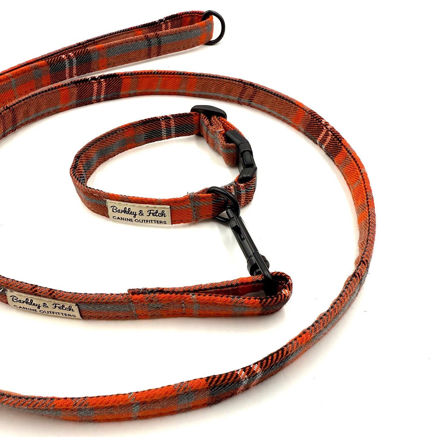 Plaid dog collar and leash set with 'Barkley & Fetch' branding on a white background