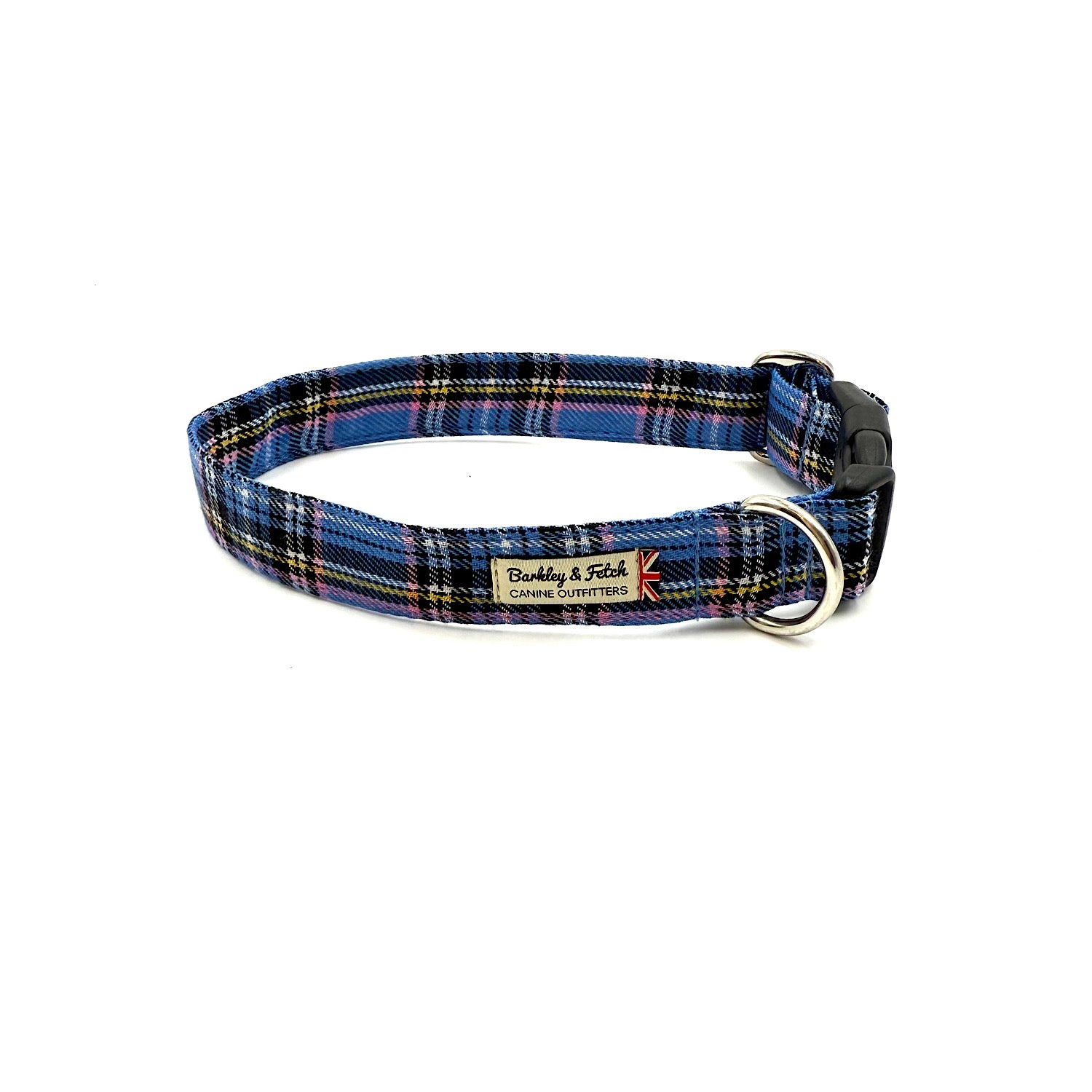 Blue plaid dog collar with a metal buckle on a white background handmade by barkley and fetch uk