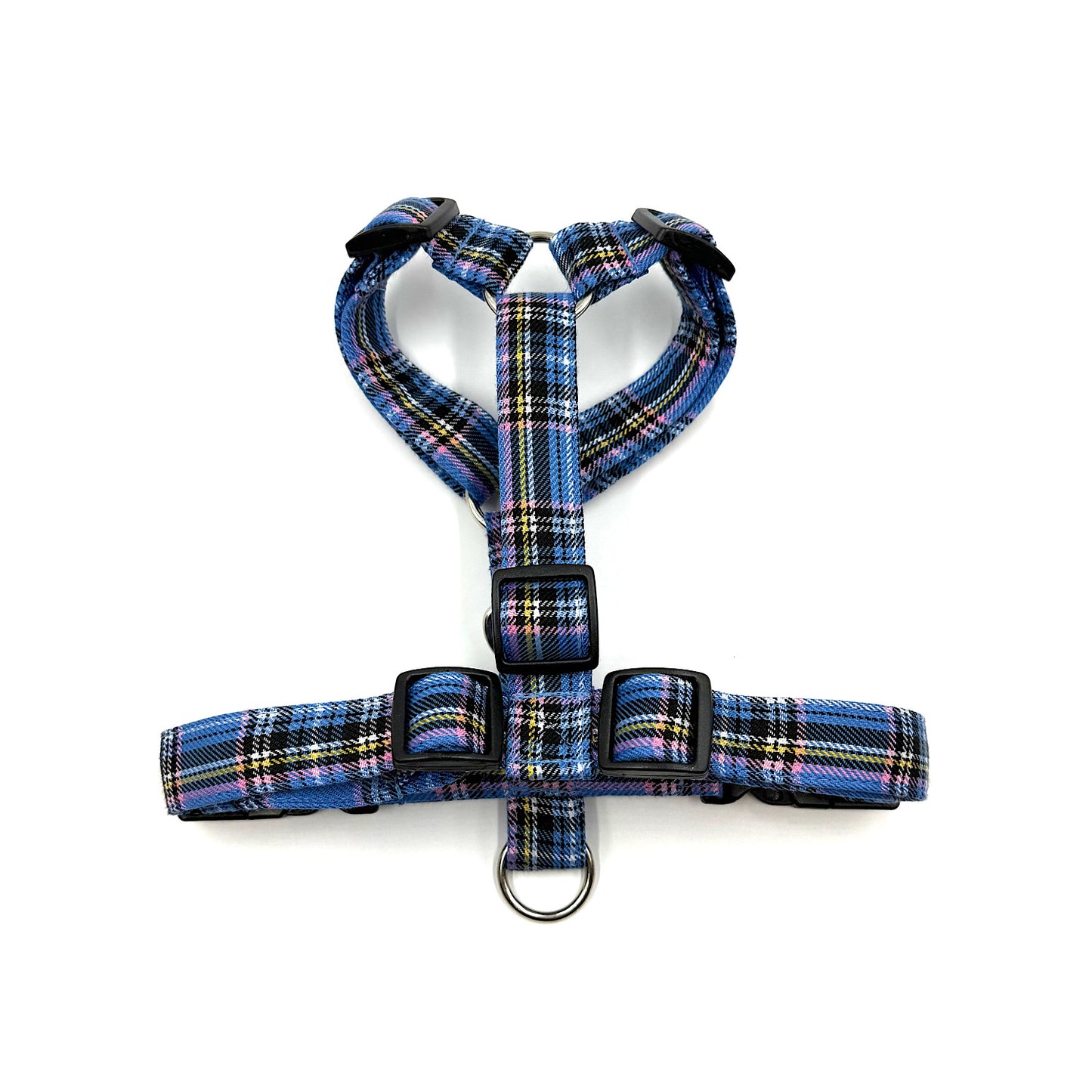 Blue plaid dog harness on a white background handmade in UK by Barkley And Fetch