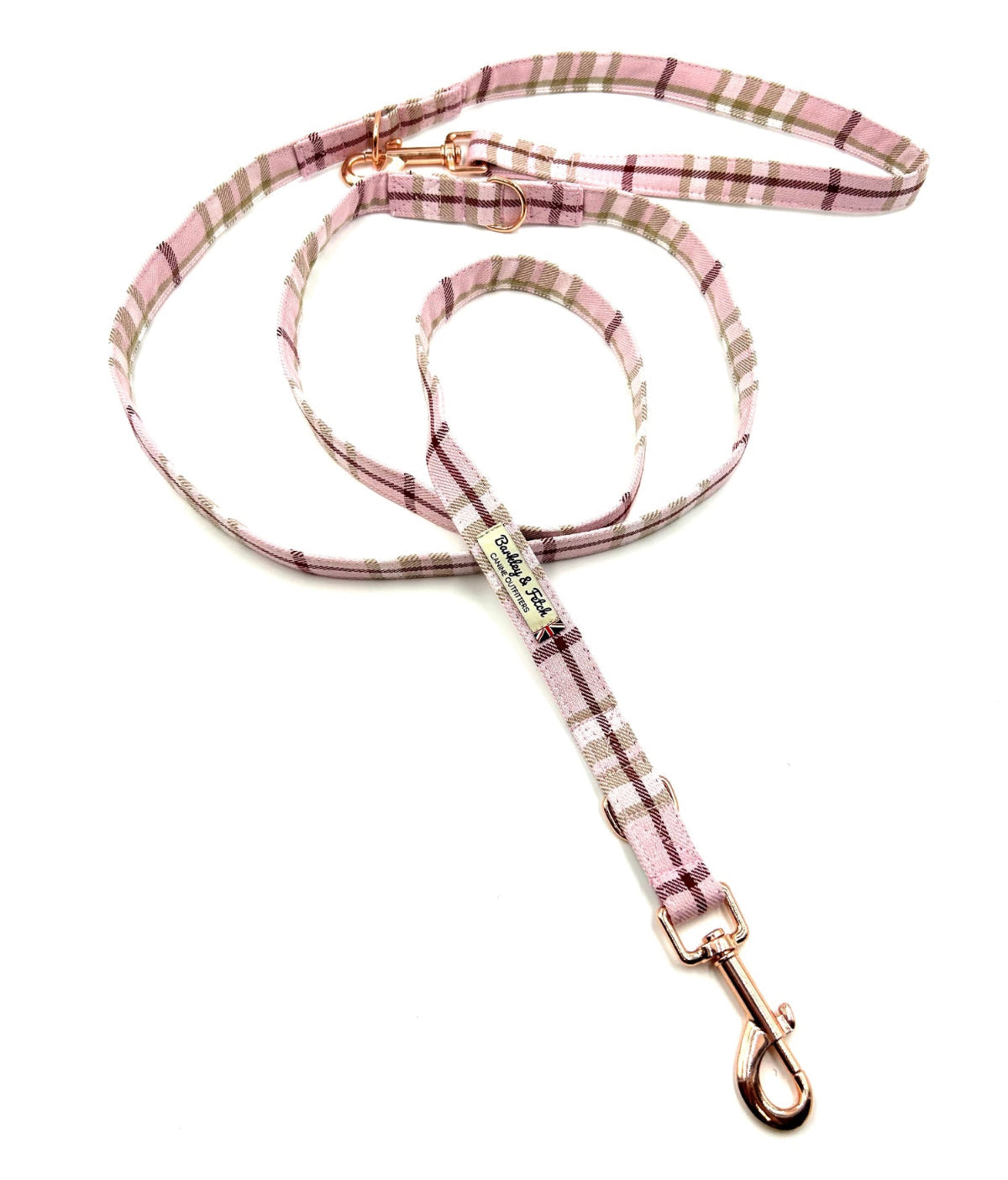 Pink plaid dog leash on a white background. Handmade in the UK by Barkley and Fetch
