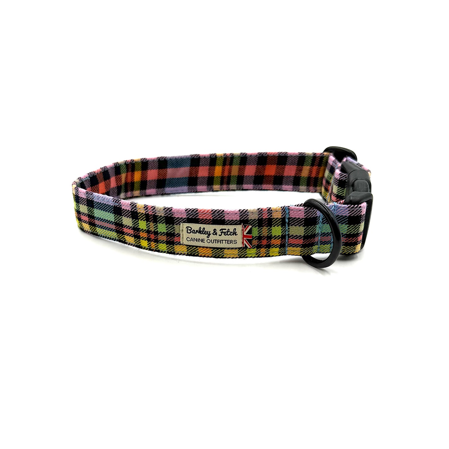 Plaid dog collar with a visible brand label on a white background