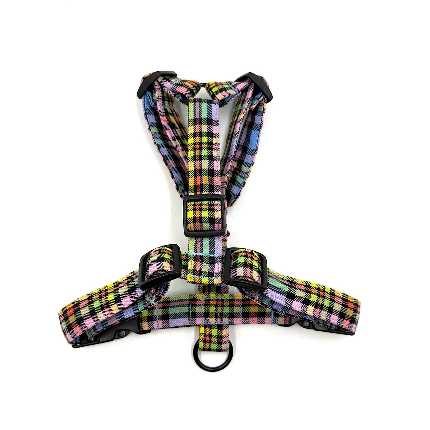 Rainbow Plaid patterned dog harness on a white background handmade in UK by Barkley And Fetch