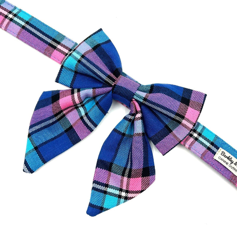Plaid bow tie with colorful pattern on a white background handmade in uk by barkley and fetch
