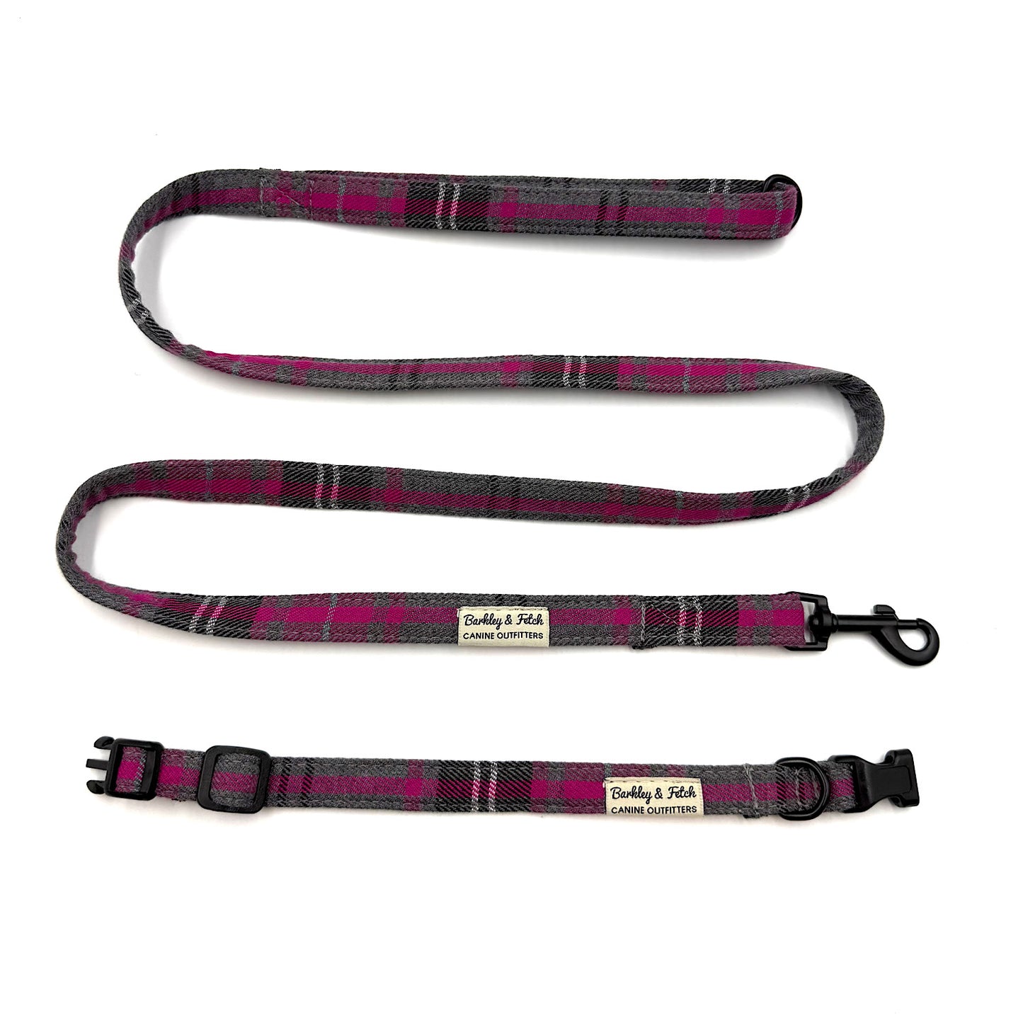 Plaid dog leash and collar set on a white background