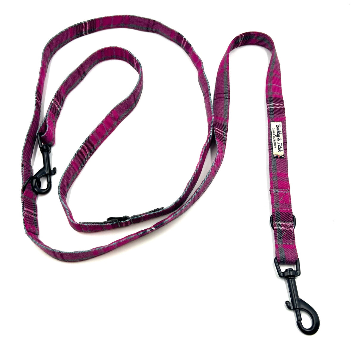 Purple plaid dog leash on a white background British handmade by Barkley and Fetch