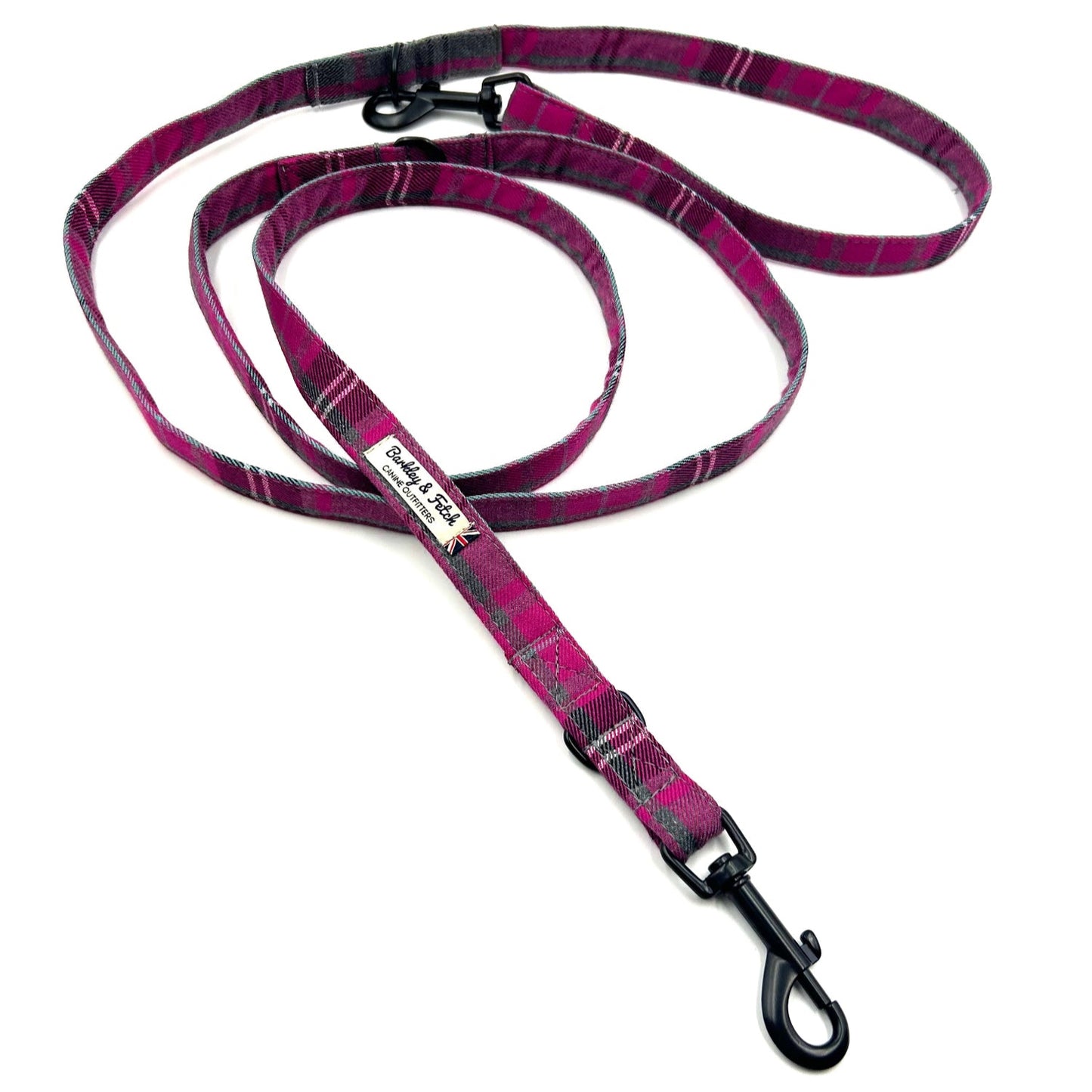 Pink and black patterned dog leash on a white background