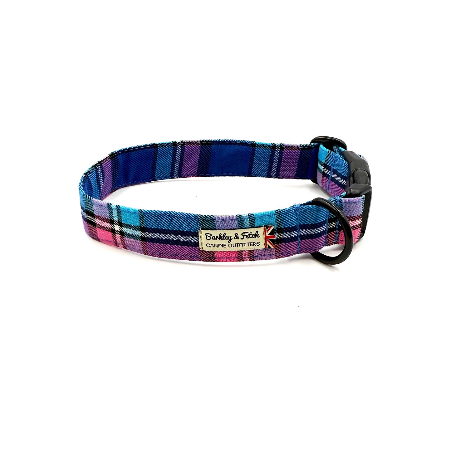 Plaid dog collar with colorful pattern on a white background