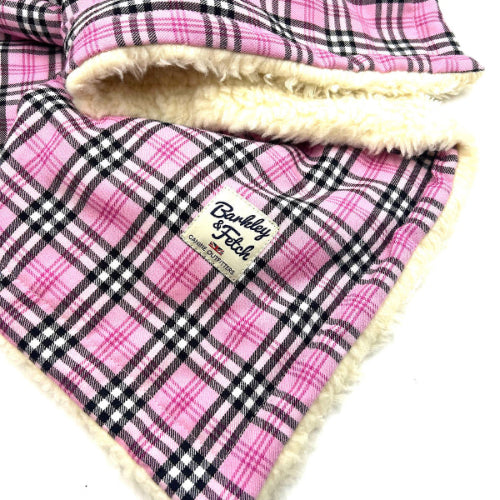 Pink plaid blanket with cream border and Barkley & Fetch label on a white background. Handmade in the UK by Barkley and Fetch