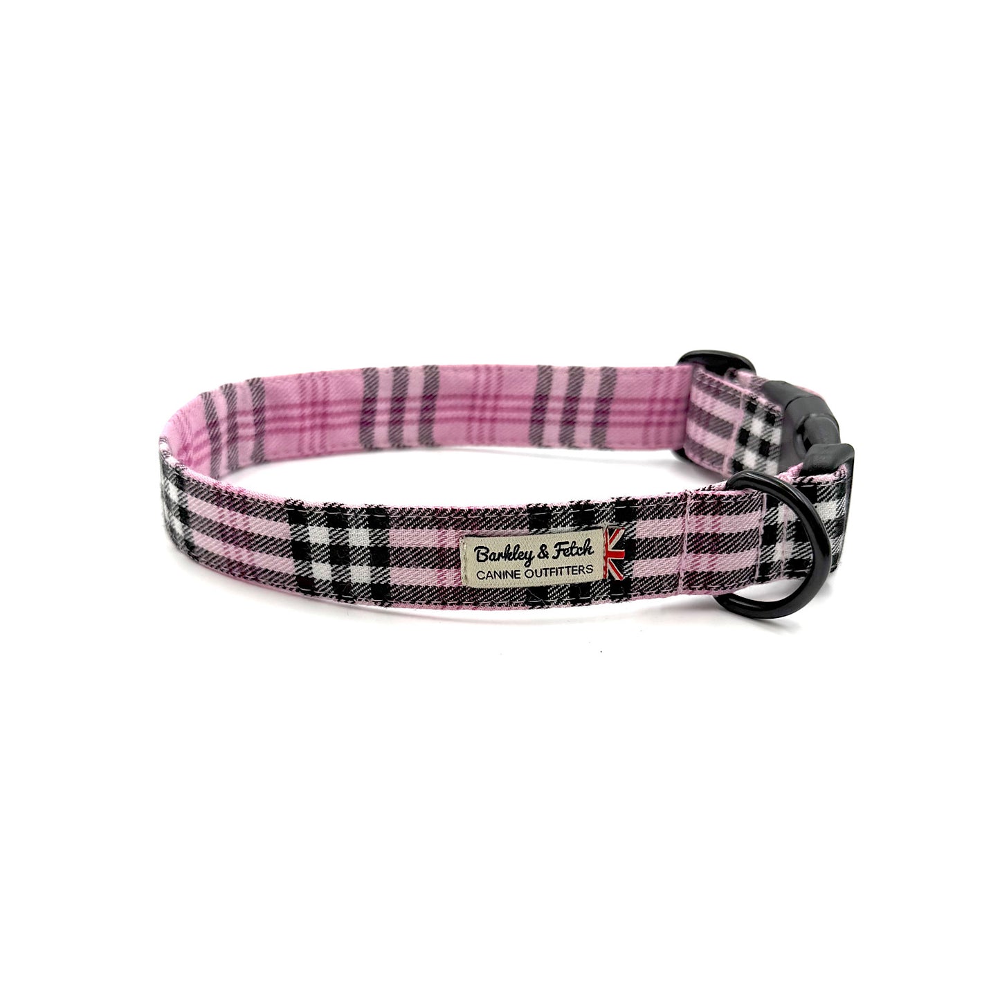 Plaid dog collar with black hardware on a white background