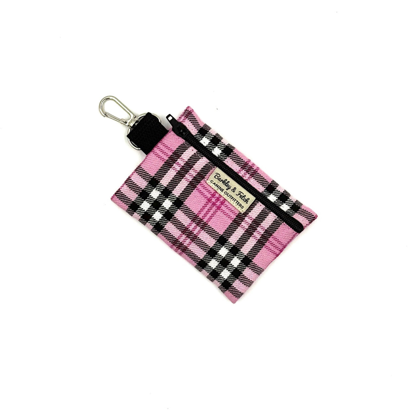 Pink and black plaid pouch with a key ring on a white background