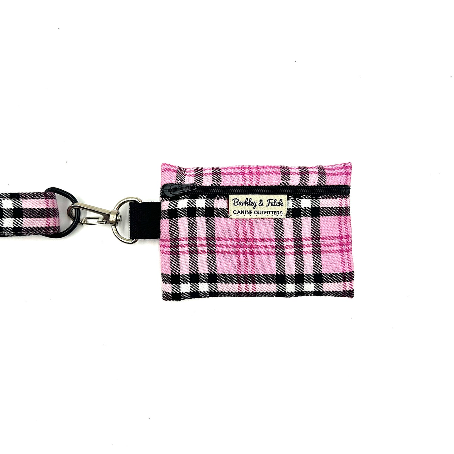 Pink plaid keychain with a black strap on a white background