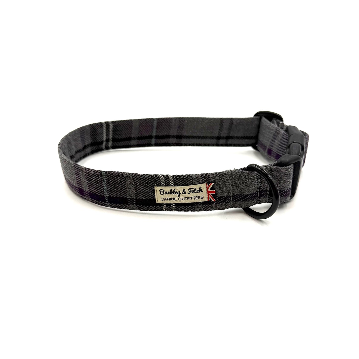 Black plaid dog collar with a visible brand logo on a white background