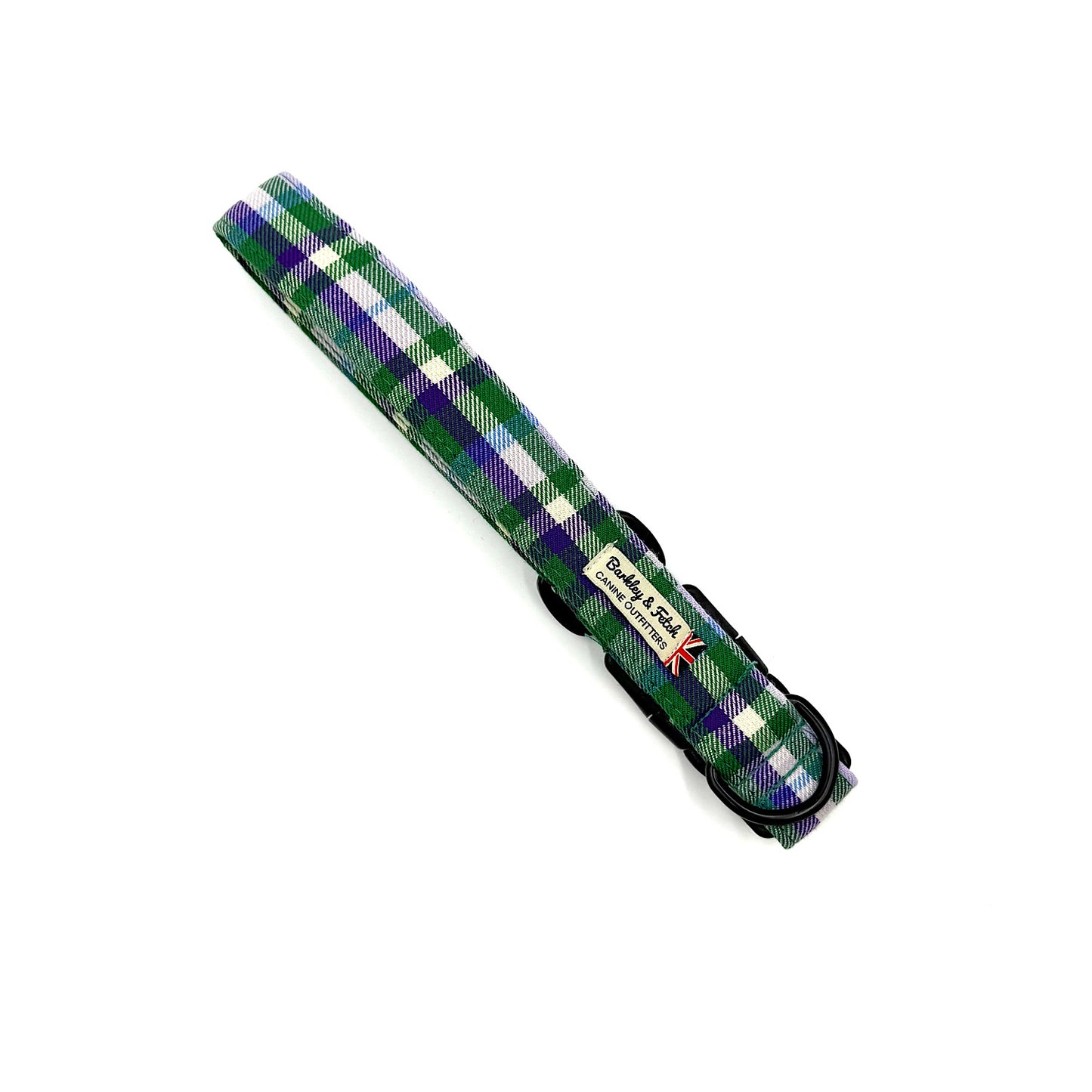Green and purple plaid dog collar with a brand label on a white background