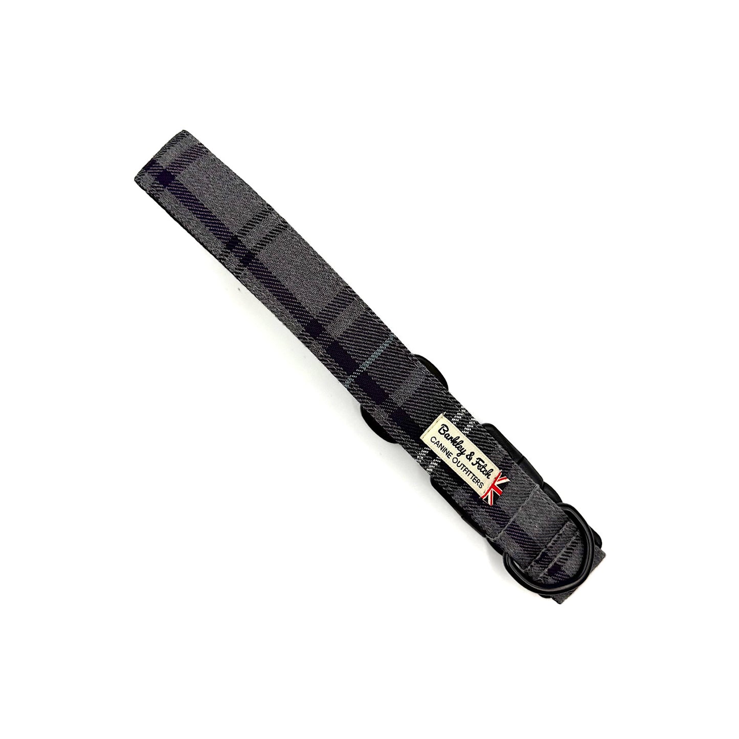 Black plaid dog collar with a brand label on a white background