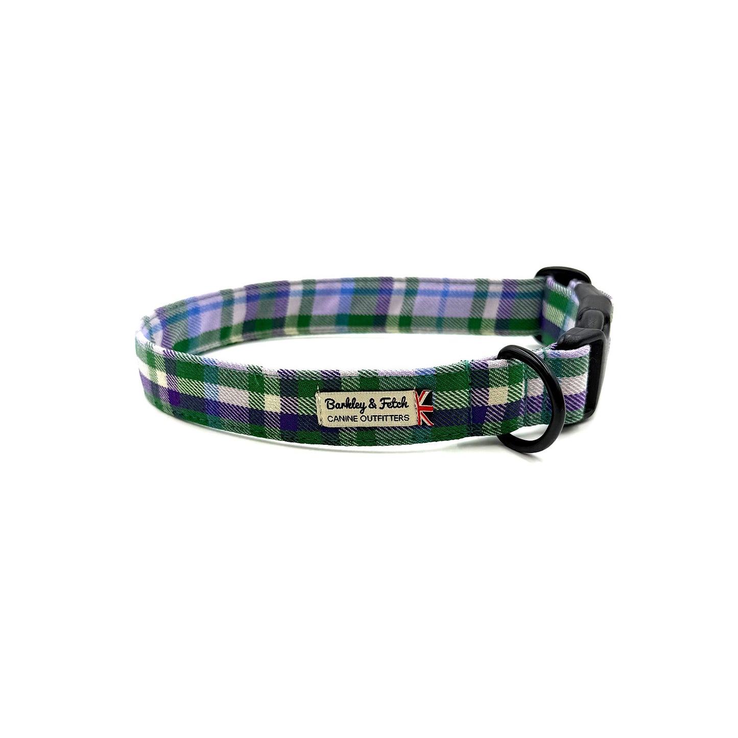 Plaid dog collar with visible brand label on a white background
