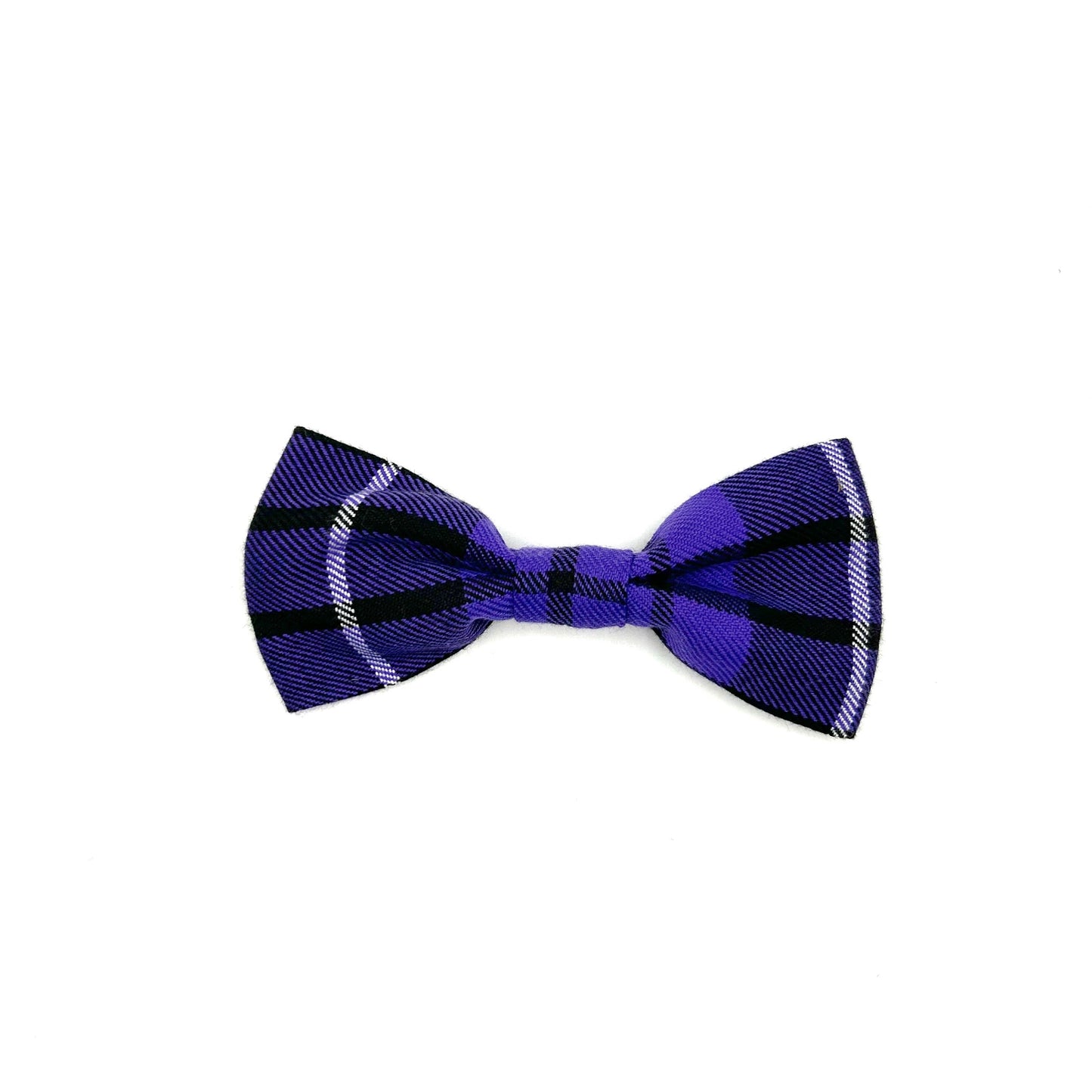 A purple tartan pattern dog bowtie on a white background.