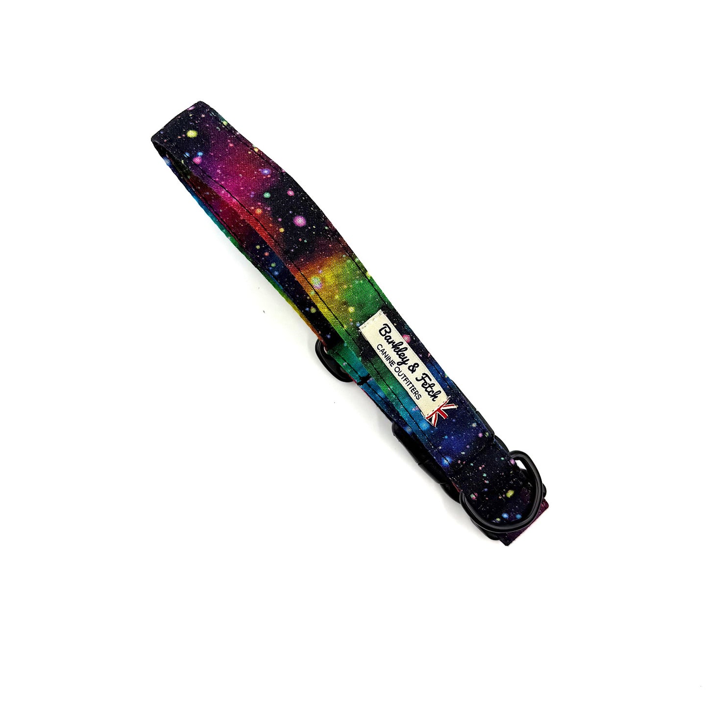 Colorful galaxy-patterned dog collar with a brand label on a white background