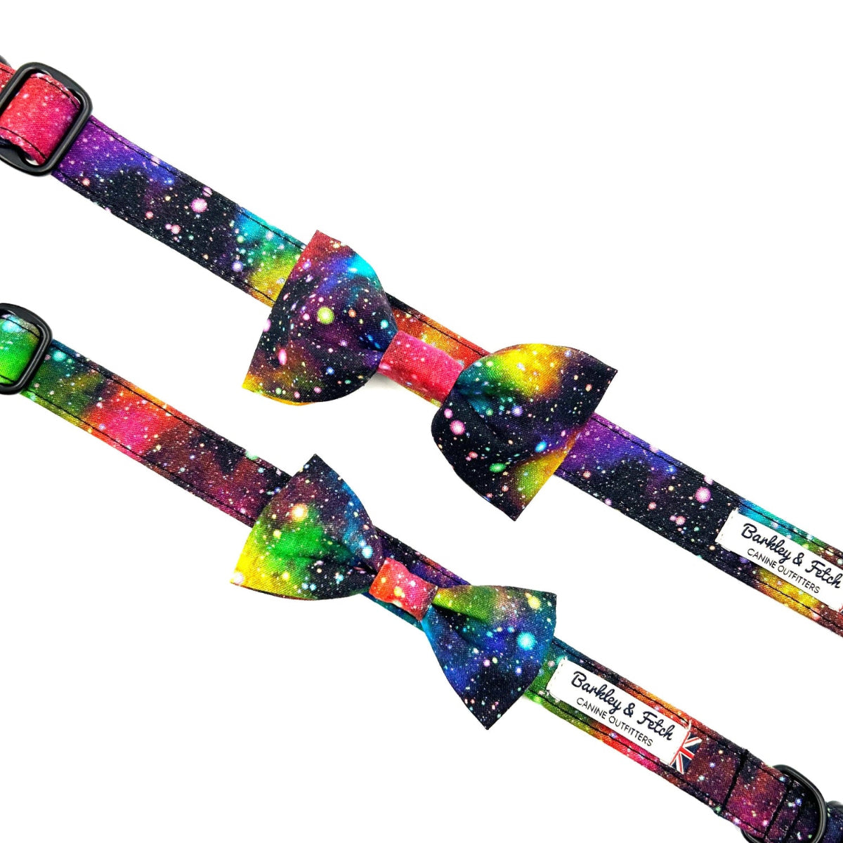 Colorful galaxy-themed bow tie and belt set with 'Barkley & Fitch' branding on a white background.