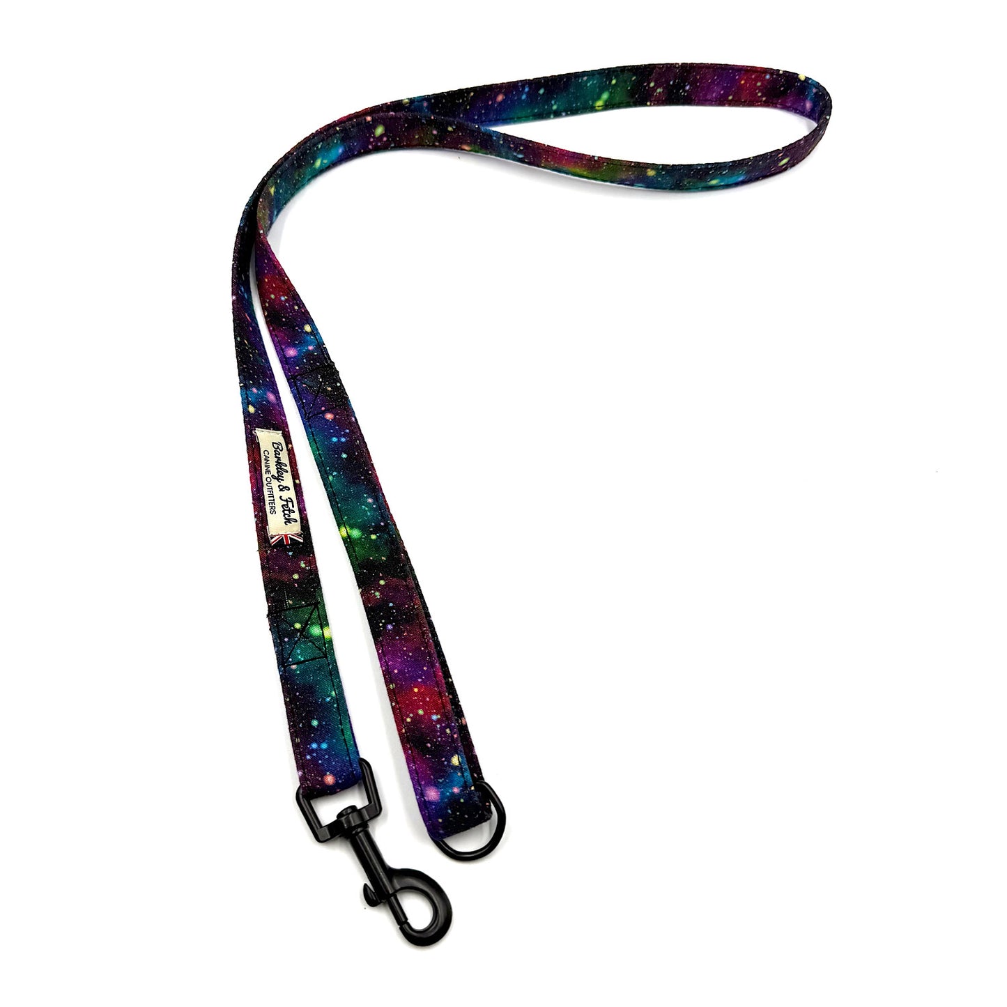 Colorful galaxy-patterned dog leash on a white background