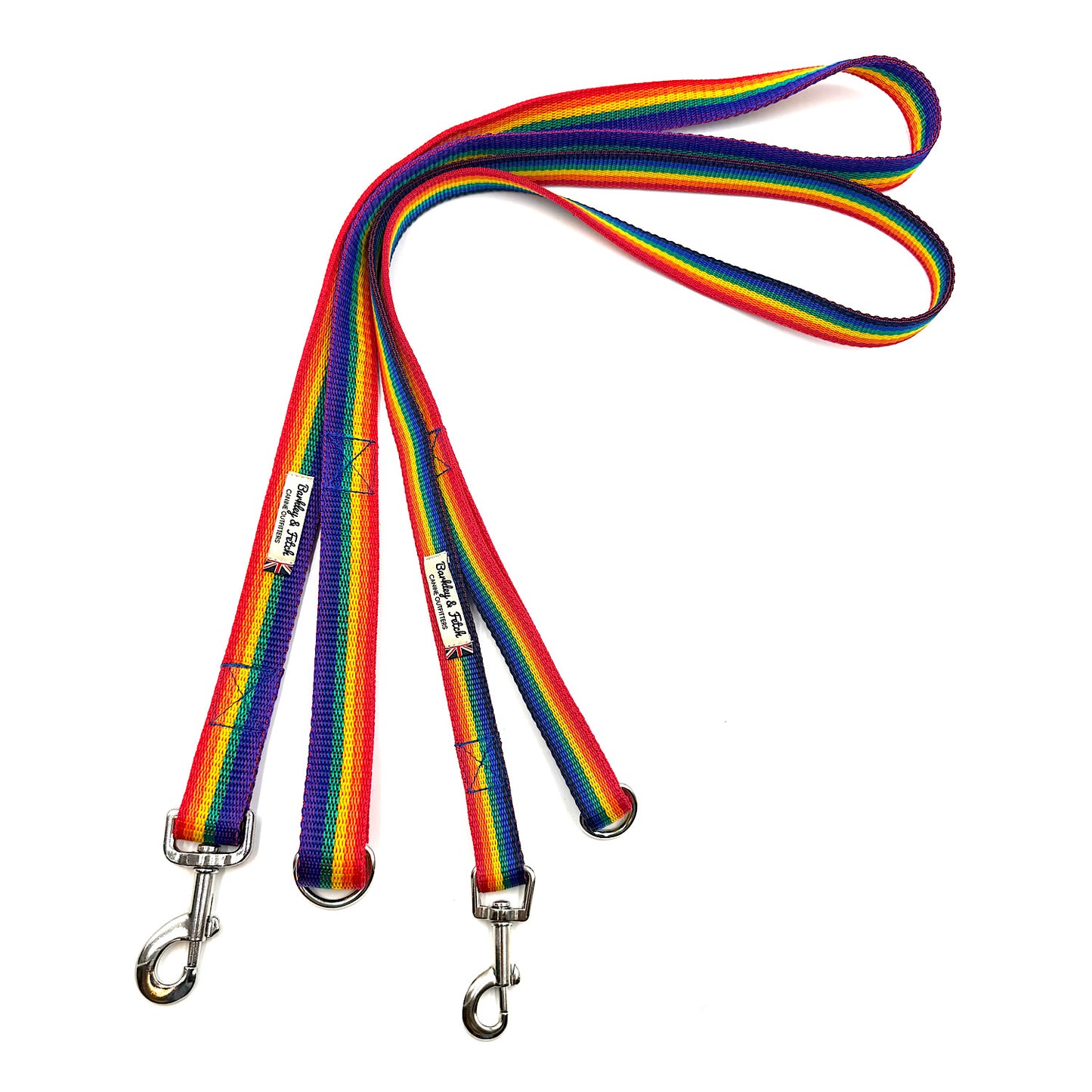 Two rainbow striped dog leashes with metal clips on a white background