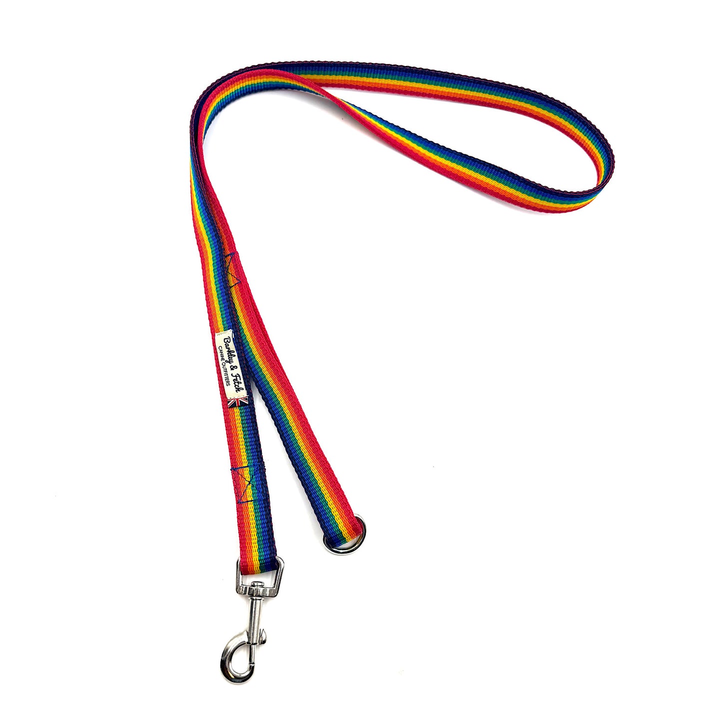 Rainbow dog leash with metal clip on a white background