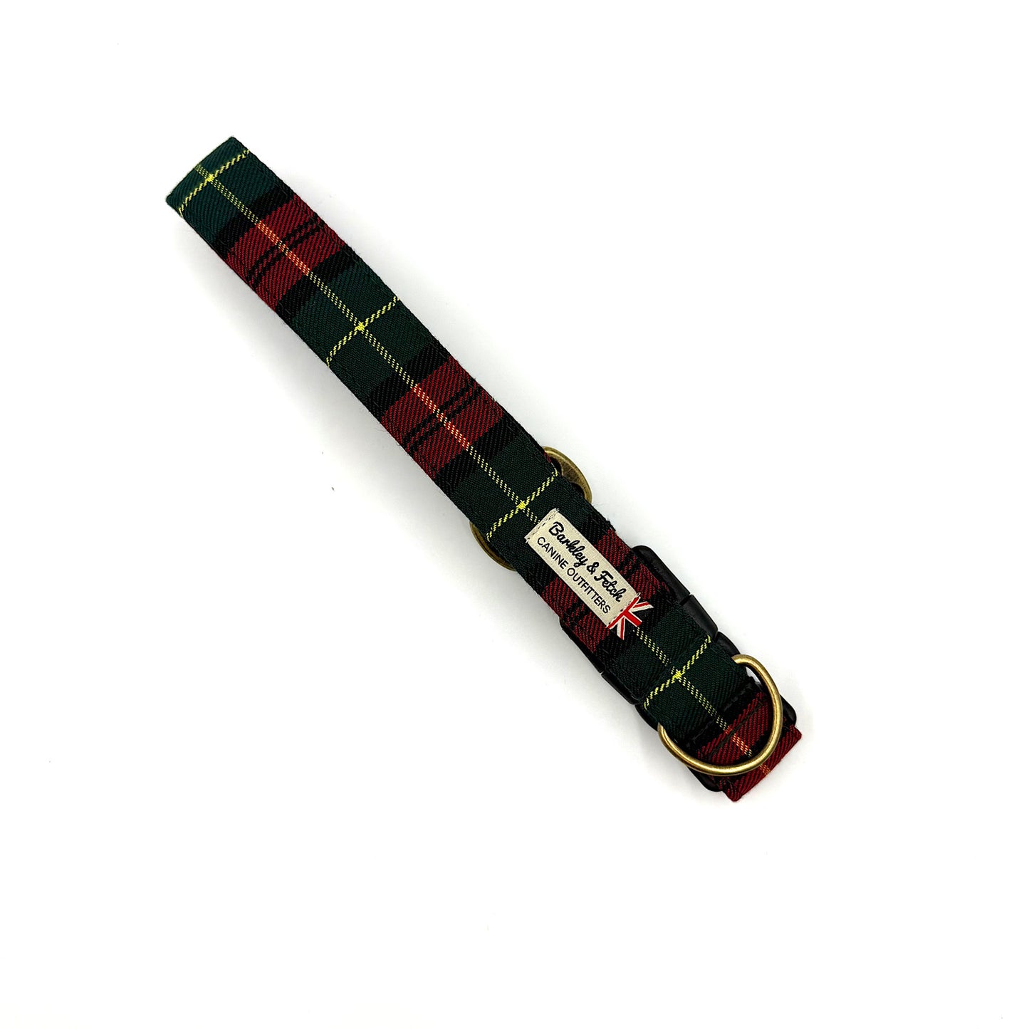 Plaid dog collar with a visible brand label on a white background handmade by barkley and fetch uk