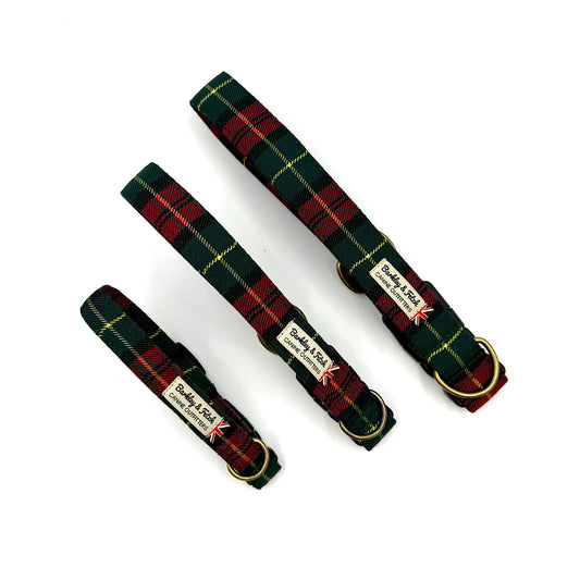 Three tartan dog collars with visible brand label on a white background handmade by barkley and fetch uk