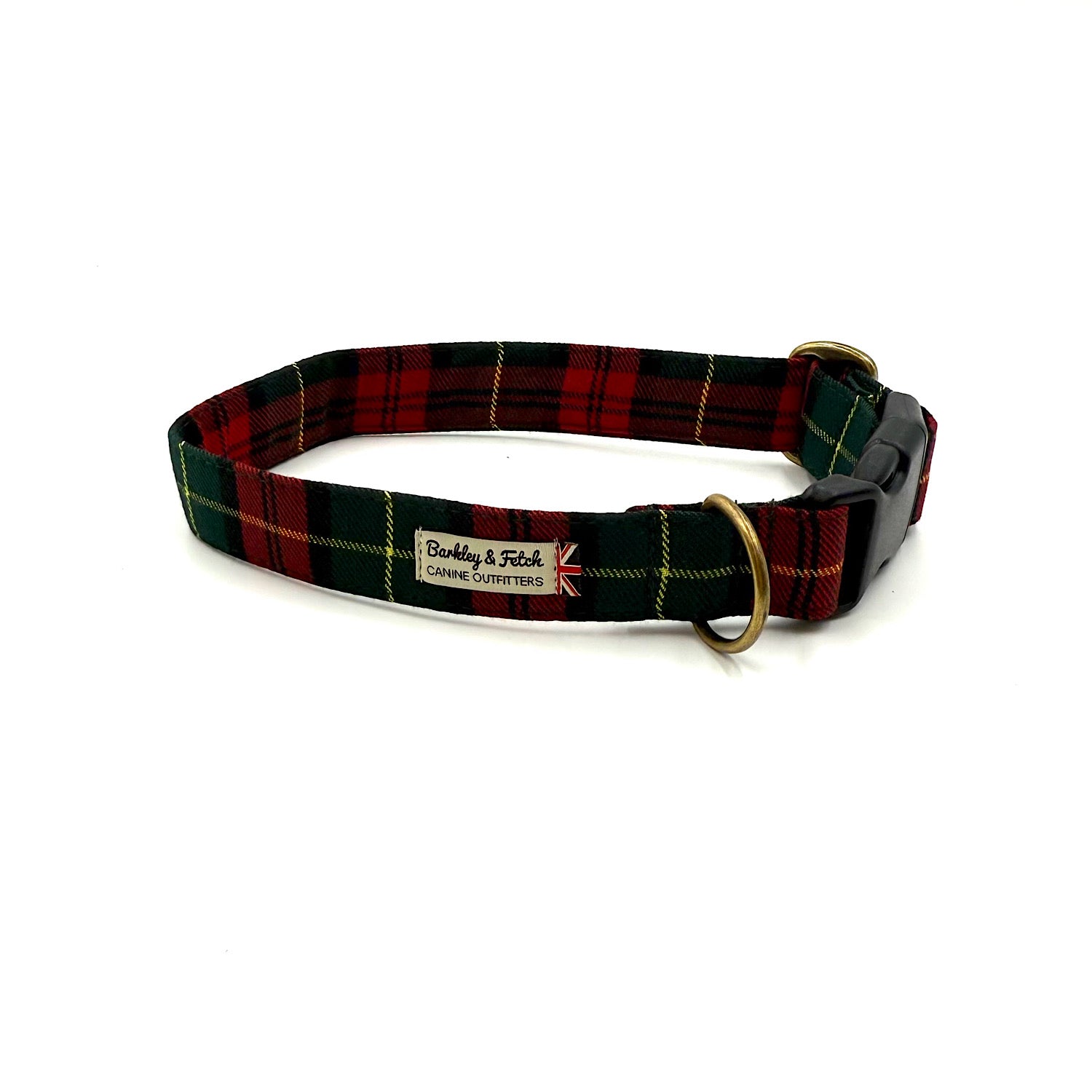 Plaid dog collar with a visible brand label on a white background handmade by barkley and fetch uk