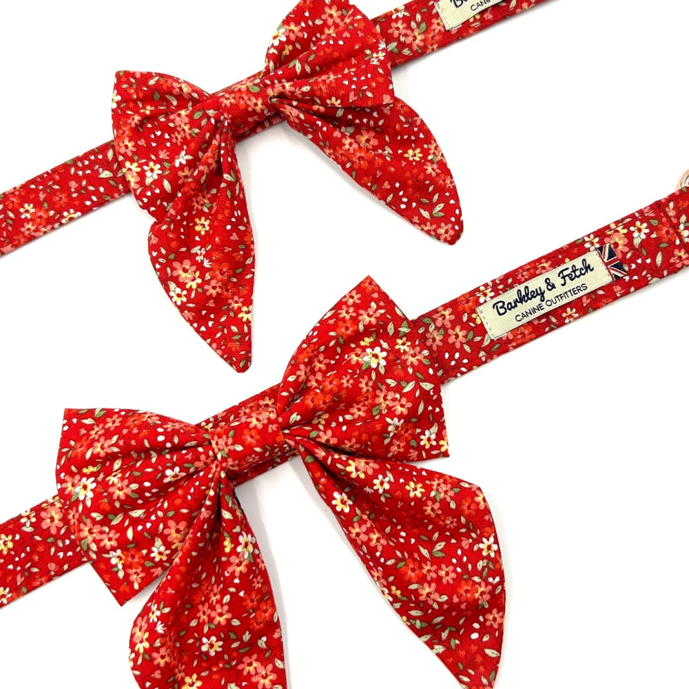 Red floral dog collar with large bow on a white background handmade by barkley and fetch uk