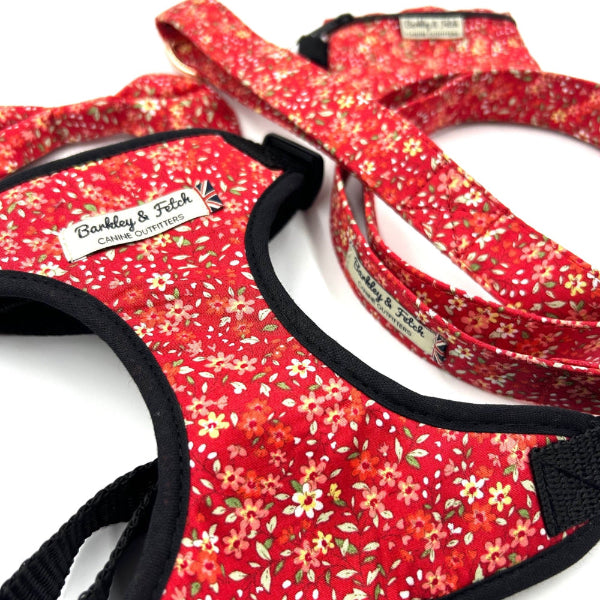 Red floral dog harness and leash set with 'Barkley & Fetch' branding on a white background