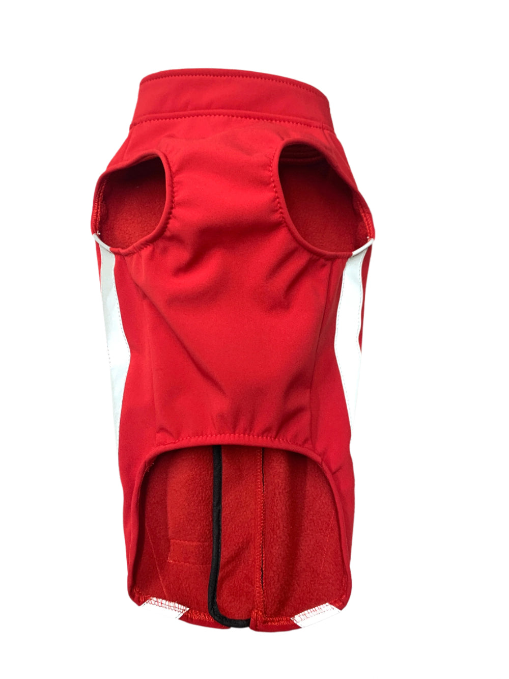 red soft-shell dog coat underneath on a white background