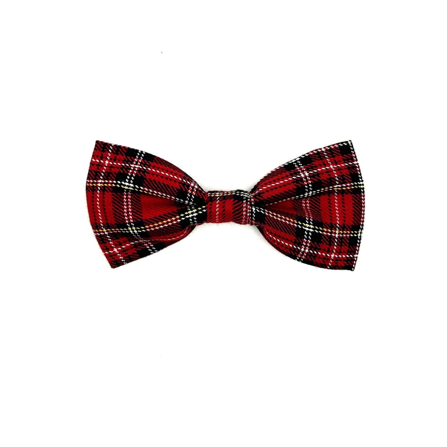 A red tartan check dog bowtie on a white background.