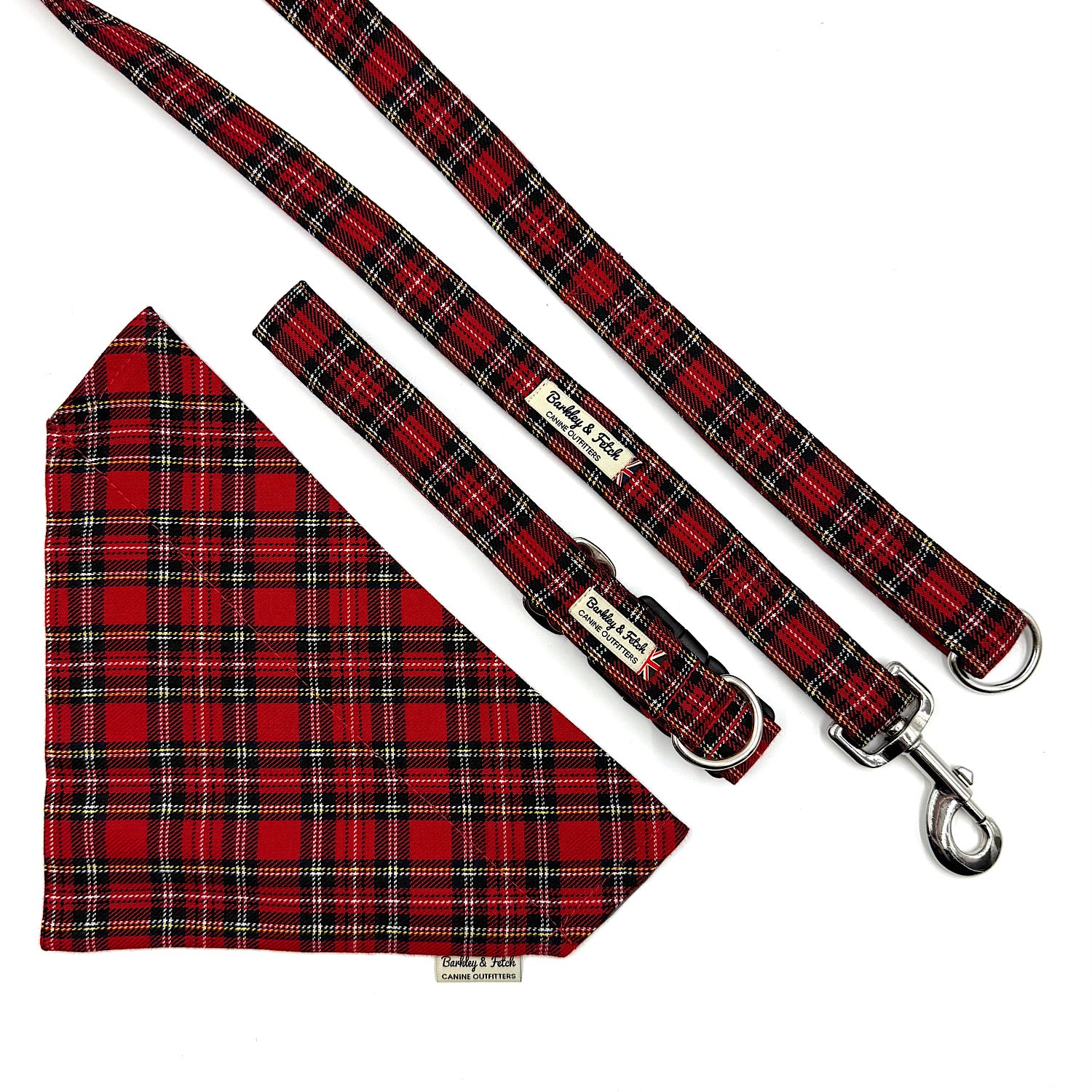 Red plaid dog collar, leash, and bandana set on a white background