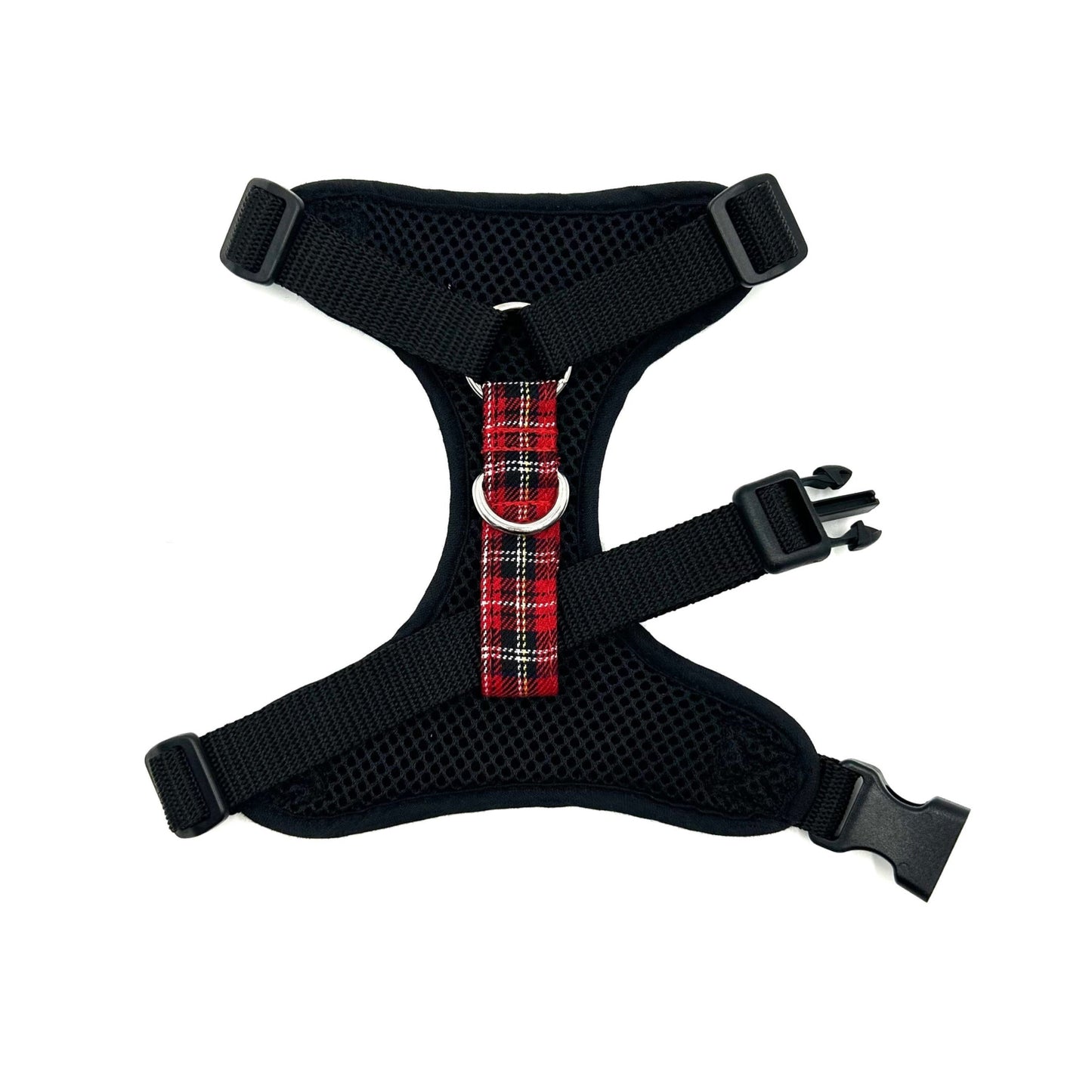 Black dog harness with red plaid pattern on a white background