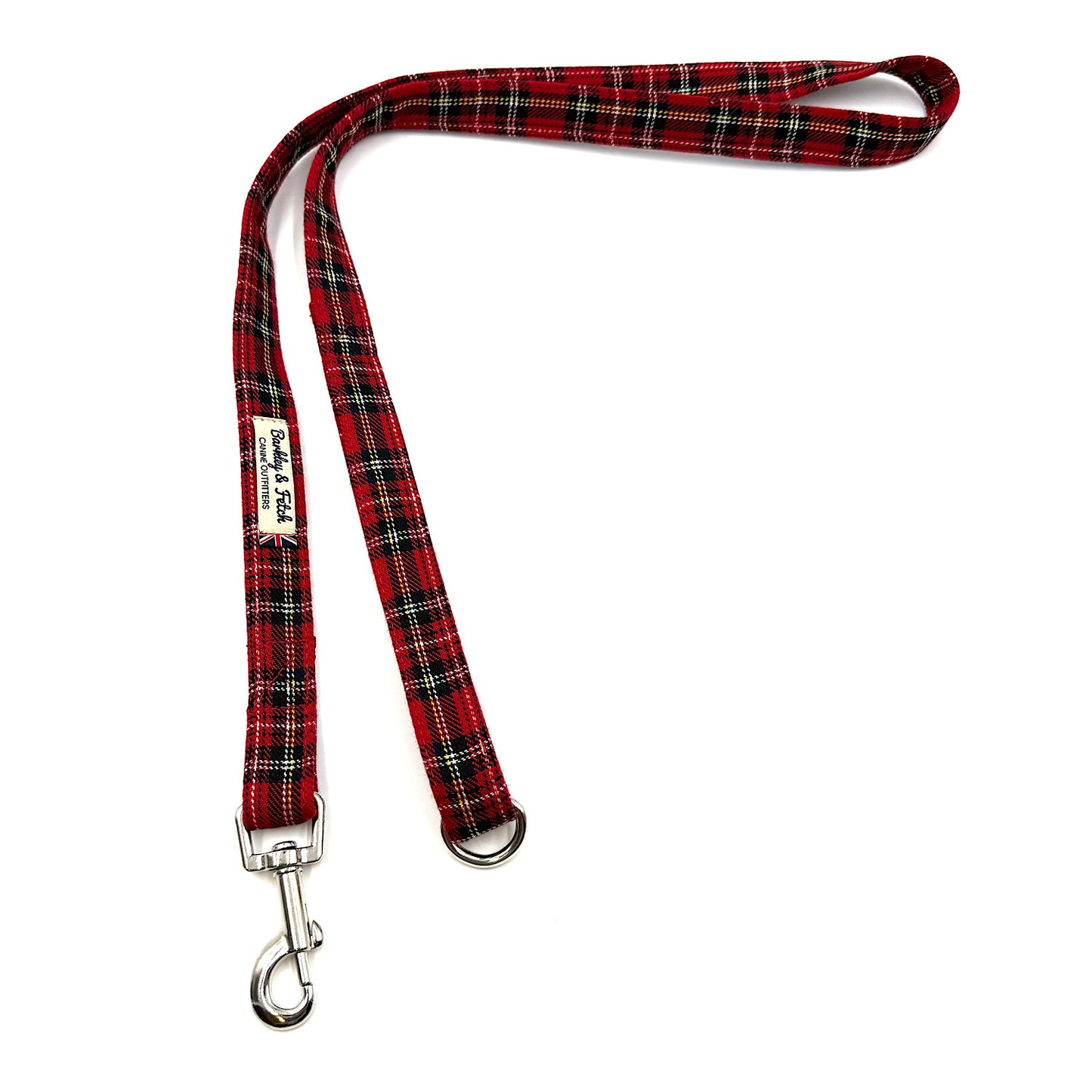 Red plaid dog leash with a metal clip on a white background