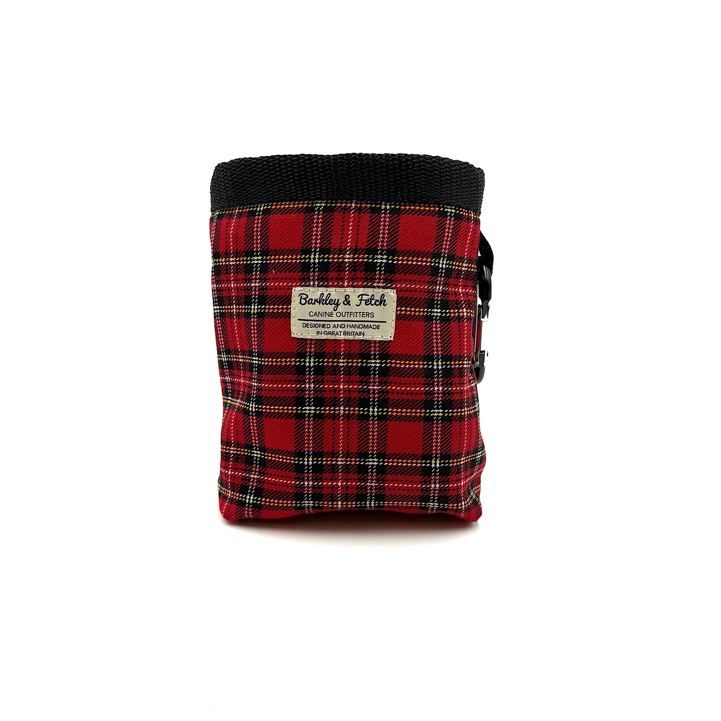Red plaid fabric pouch with black top on a white background