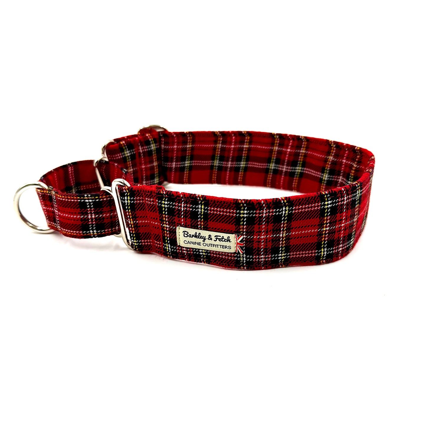 Red plaid dog collar with a visible brand label on a white background