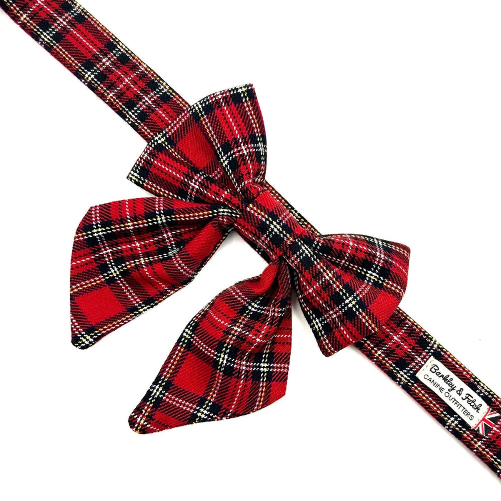 Red and black plaid dog collar with a matching bow tie on a white background handmade in uk by barkley and fetch