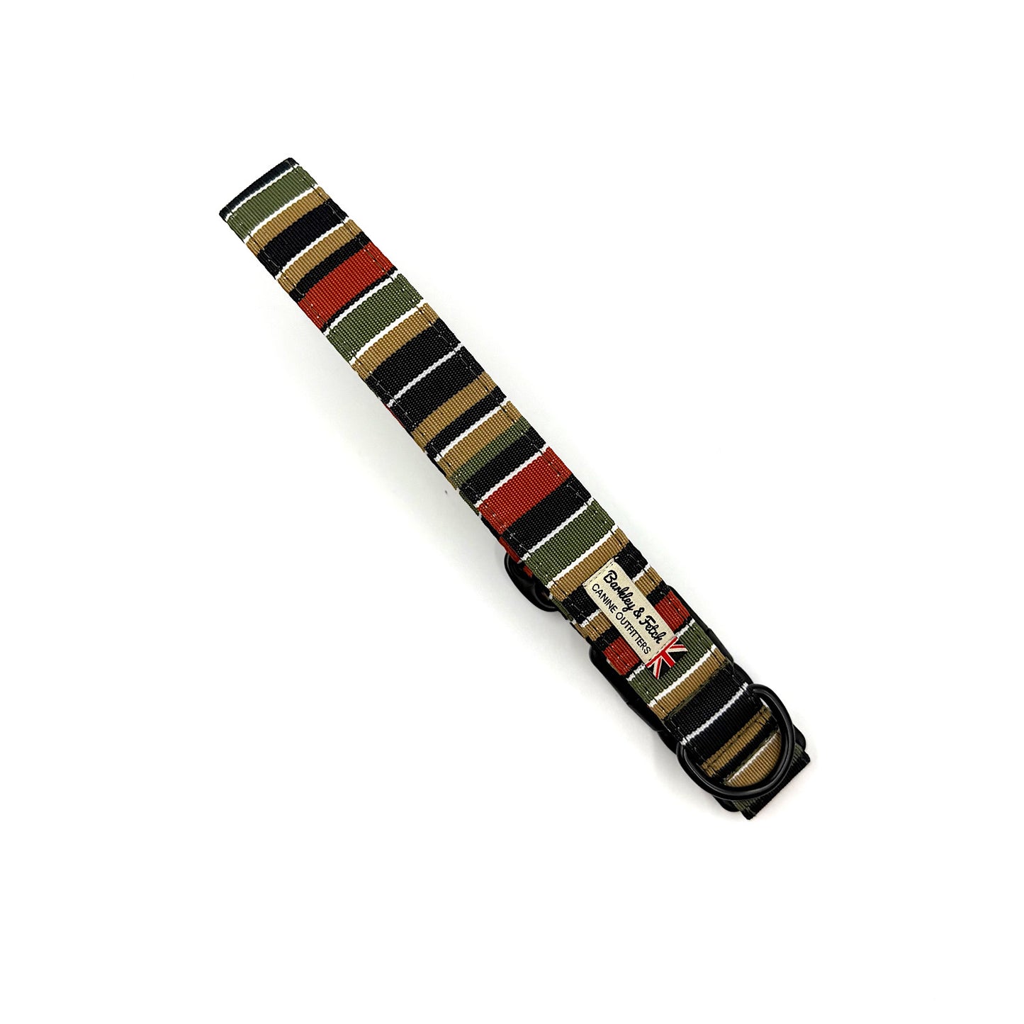 Striped dog collar with a visible brand label on a white background