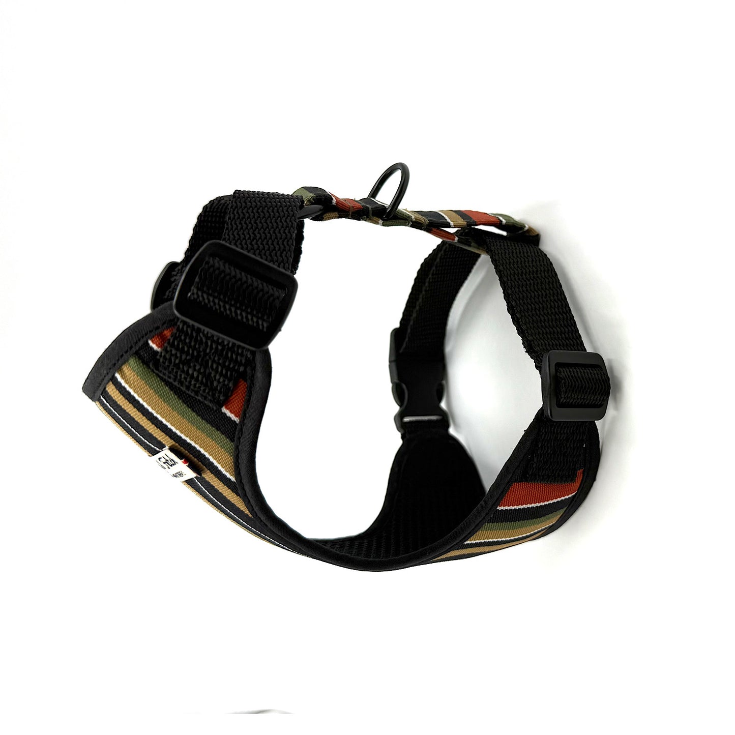 Dog harness with colorful strap on a white background