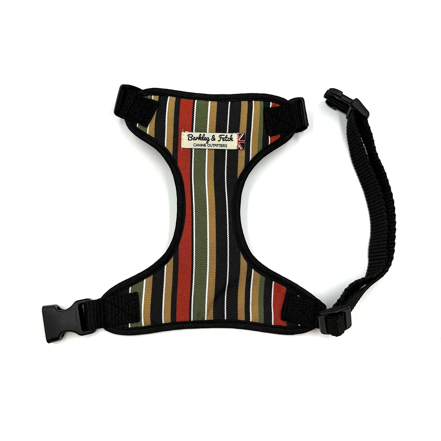 Striped dog harness with a visible brand label on a white background